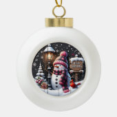 Snowman's Cosy Night" - Feestelijke Zwarte Kerst Keramische Bal Ornament (Voorkant)