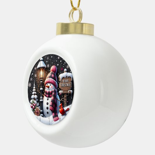 Snowman's Cosy Night" - Feestelijke Zwarte Kerst Keramische Bal Ornament (Rechts)