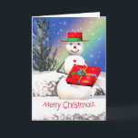 Snowman's kerstcadeautje feestdagen kaart<br><div class="desc">Een kerstwenskaart met mijn oorspronkelijke afbeelding van een glimlachende sneeuwman met een kerstcadeau op kerstdag.</div>
