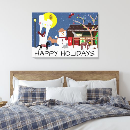 Snowman's Party Prettige feestdagen Canvas Print (Insitu (Slaapkamer))