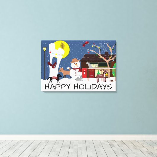 Snowman's Party Prettige feestdagen Canvas Print (Insitu (Houten vloer))