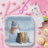Snowmen and Cats In a Snowy Field Papieren Bordje (Feest)