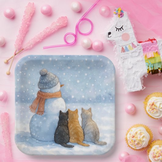 Snowmen and Cats In a Snowy Field Papieren Bordje (Feest)