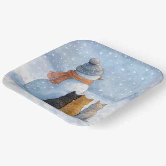 Snowmen and Cats In a Snowy Field Papieren Bordje (Gebogen)