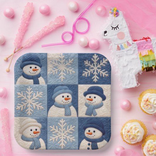 Snowmen and Snowflakes Quilt Pattern Papieren Bordje (Feest)