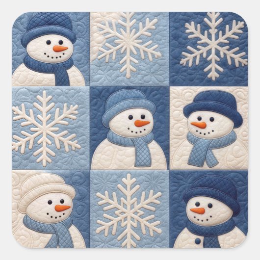 Snowmen and Snowflakes Quilt Pattern Vierkante Sticker (Voorkant)