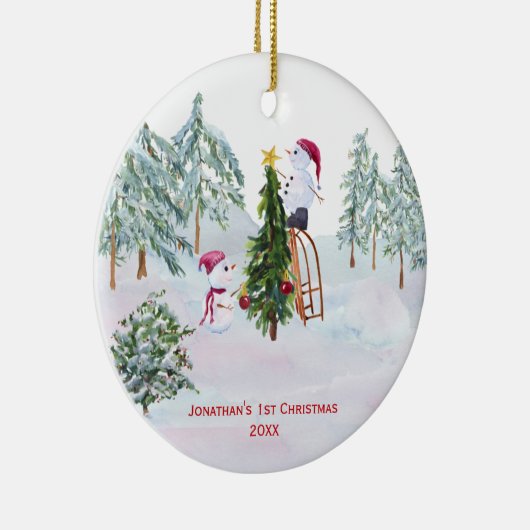 Snowmen Baby's eerste kerstfoto Keramisch Ornament (Rechts)