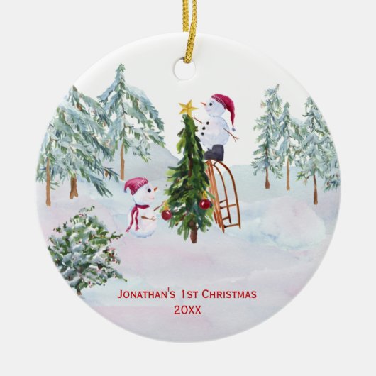 Snowmen Baby's eerste kerstfoto Keramisch Ornament (Voorkant)