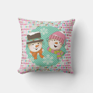 Snowmen Couple Stippen and Typography Holiday Pill Kussen