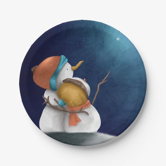 Snowmen die 's nachts de kerststerren zien papieren bordje (Voorkant)