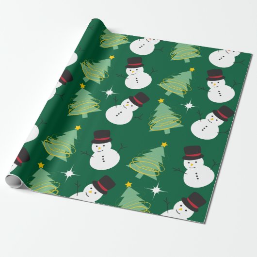 Snowmen en kerstboompatroon cadeaupapier (Uitgerold)