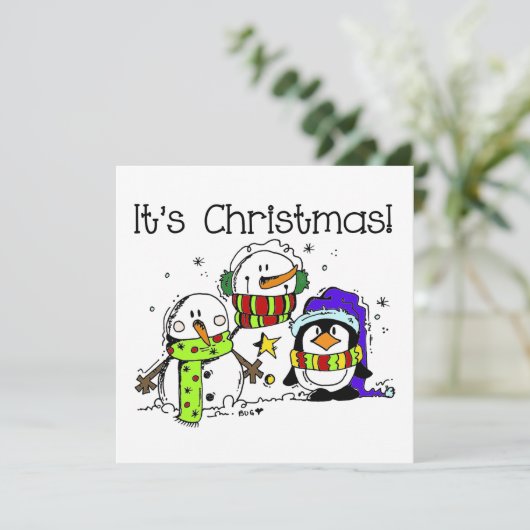 Snowmen en pinguïns Het is Kerstmis Feestdagenkaart (Staand voorkant)