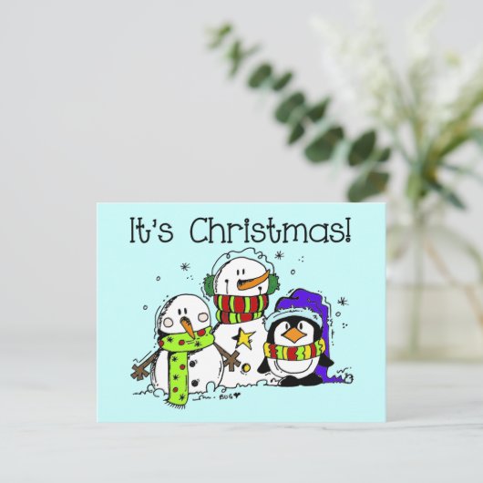 Snowmen en pinguïns Het is Kerstmis Feestdagenkaart (Staand voorkant)