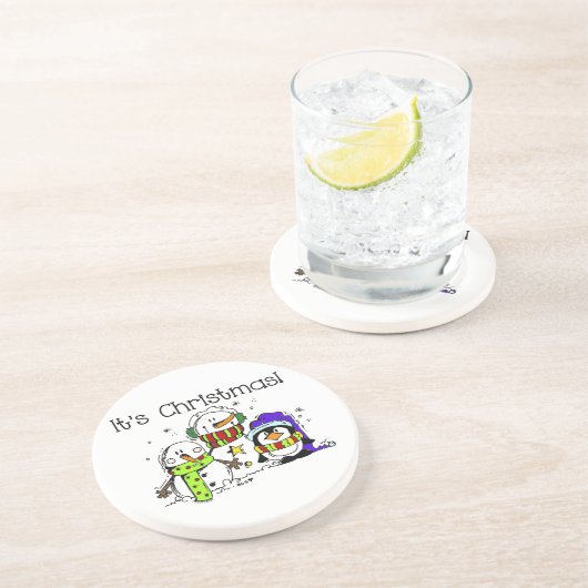 Snowmen en pinguïns Het is Kerstmis Zandsteen Onderzetter (Zijkant)