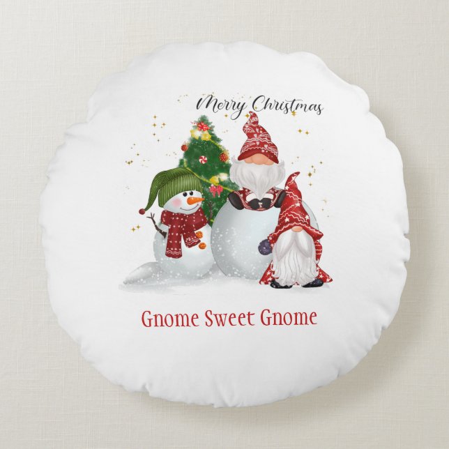 Snowmen Gnomes Kerstmis Gnome Sweet Gnome Rond Kussen (Voorkant)