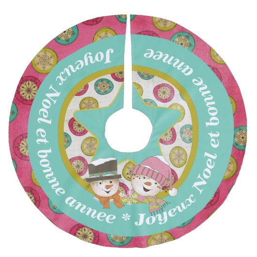 Snowmen Joyeux Noel 2 Holiday Tree Skirt Kerstboom Rok (Voorkant)