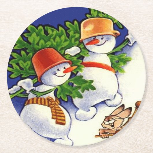 Snowmen kerstboom drumming konijn ronde kartonnen onderzetter (Voorkant)