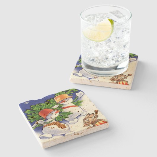 Snowmen kerstboom drumming konijn stenen onderzetter (Zijkant)