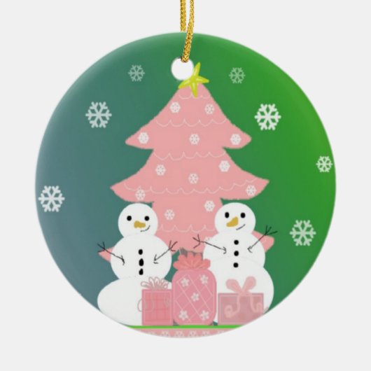 Snowmen met een roze kerstboom keramisch ornament (Voorkant)