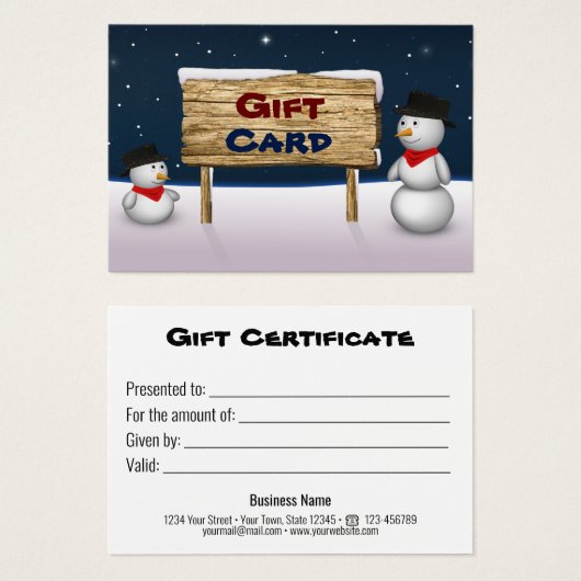 Snowmen met een Wooden Gift Card-teken Visitekaartje (Voorkant /achterkant)