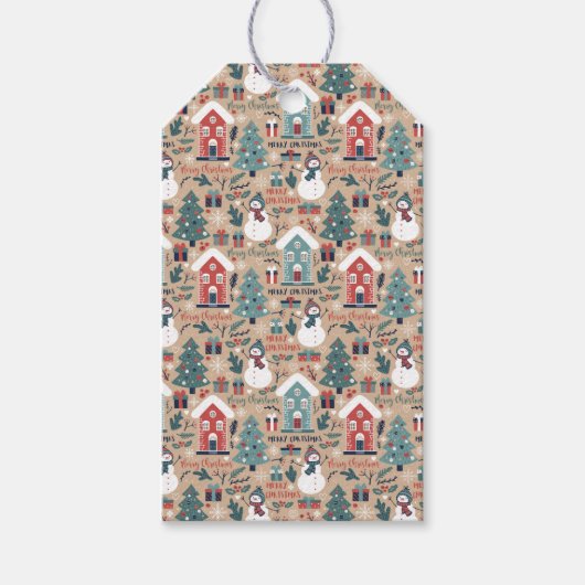 Snowmen met kerstmis, kerstbomen cadeaulabel (Voorkant)