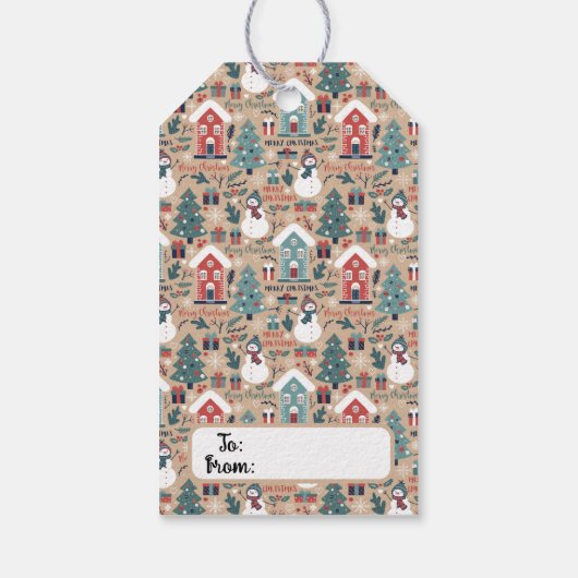 Snowmen met kerstmis, kerstbomen cadeaulabel (Achterkant)