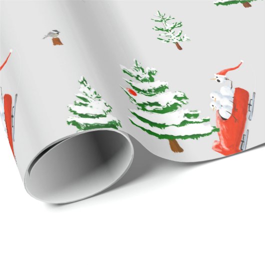 Snowmen op Bobsled in Winter Scene, Holiday Cadeaupapier (Rol Hoek)