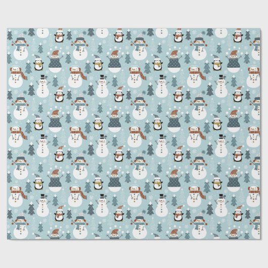 Snowmen, pinguïns, kerstbomen en sneeuwvlokken cadeaupapier (Vlak)