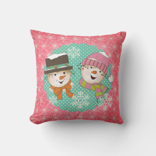Snowmen Pink en Blue Holiday Pillow Kussen