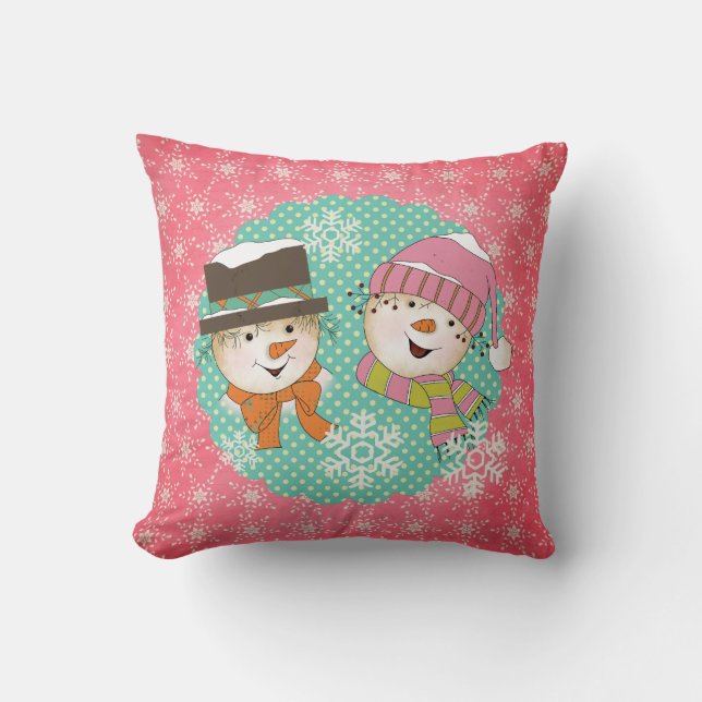 Snowmen Pink en Blue Holiday Pillow Kussen (Voorkant)