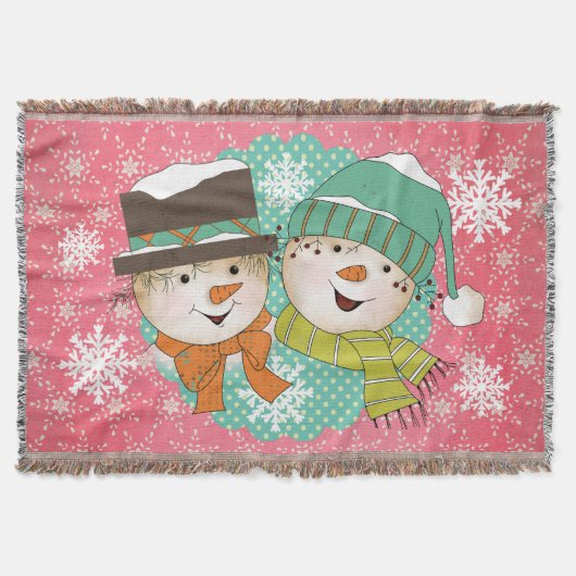 Snowmen Pink en Blue Holiday Throw Deken (Voorkant)