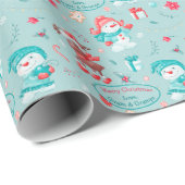 Snowmen Reindeer op Aqua Blue Kinder Kerstmis Cadeaupapier (Rol Hoek)