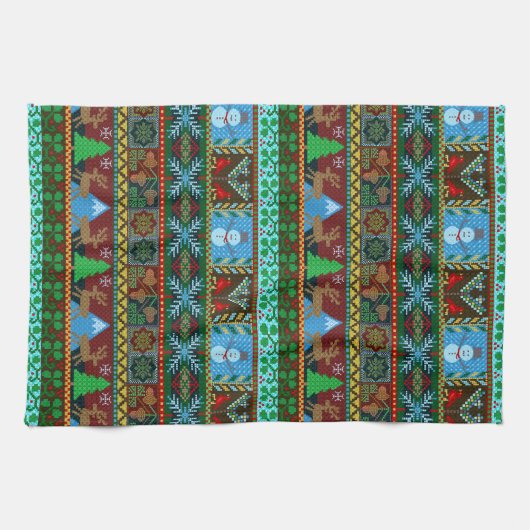 Snowmen Reindeer Winter Pattern van rond Kerstmis Theedoek (Horizontaal)