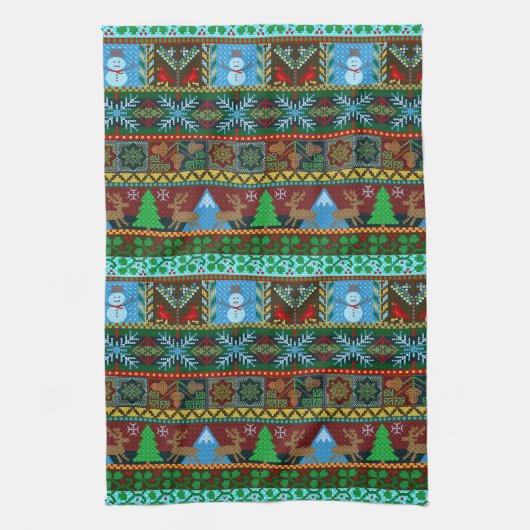 Snowmen Reindeer Winter Pattern van rond Kerstmis Theedoek (Verticaal)