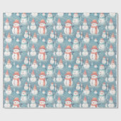 Snowmen Sneeuwvlokken Blauw Moderne Kerst Cadeaupapier (Vlak)