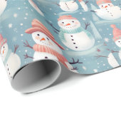 Snowmen Sneeuwvlokken Blauw Moderne Kerst Cadeaupapier (Rol Hoek)