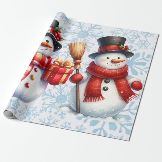 Snowmen Snowflakes Background Large Scale Cadeaupapier (Uitgerold)