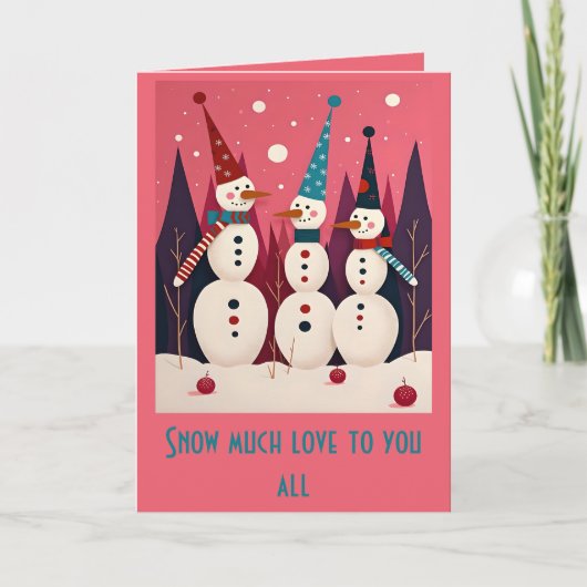 Snowmen Three Ice Men Pink Theme Kitschmas Kaart (Voorkant)