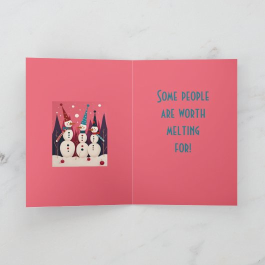 Snowmen Three Ice Men Pink Theme Kitschmas Kaart (Binnen)