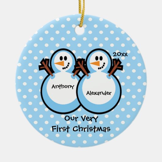 Snowmen Twin Boys Baby's Eerste kerstversiering Keramisch Ornament (Voorkant)