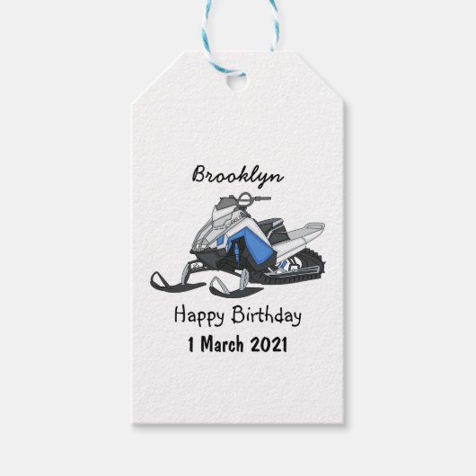 Snowmobile cartoon illustratie cadeaulabel (Voorkant)