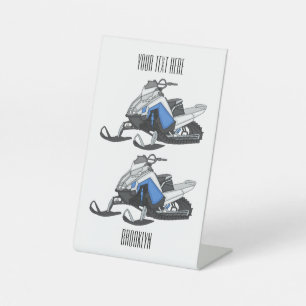 Snowmobile cartoon illustratie reclamebord met voetstuk