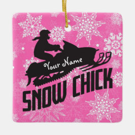 Snowmobile Snow Chick Pink Snowflake Keramisch Ornament