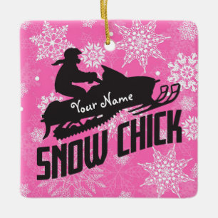 Snowmobile Snow Chick Pink Snowflake Keramisch Ornament