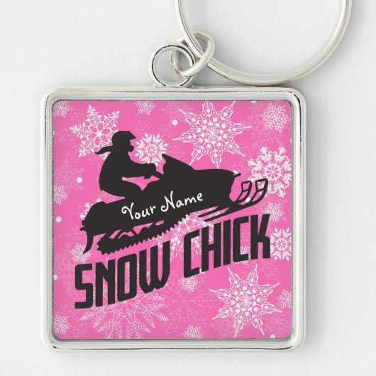 Snowmobile Snow Chick Pink Snowflake Sleutelhanger (Voorkant)