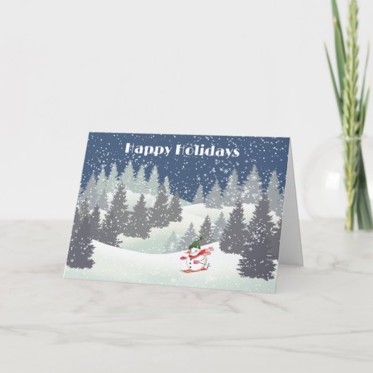Snowmwan Skier en Winter Pines Feestdagen Kaart (Voorkant)
