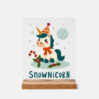 Snownicorn Schattig Eenhoorn Sneeuwman Kerst Meisj Acryl Bord