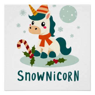 Snownicorn Schattig Eenhoorn Sneeuwman Kerst Meisj Perfect Poster