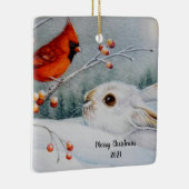 Snowshoe konijn en kardinale Waterverf Keramisch Ornament (Rechts)