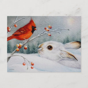 Snowshoe konijn en rode kardinaal Waterverf kunst Briefkaart